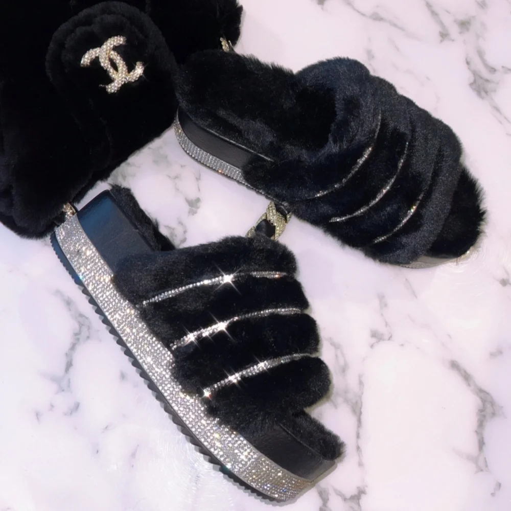 Just In 💓Rhinestone Fur Sandal - BLACK - Picture 3 of 3